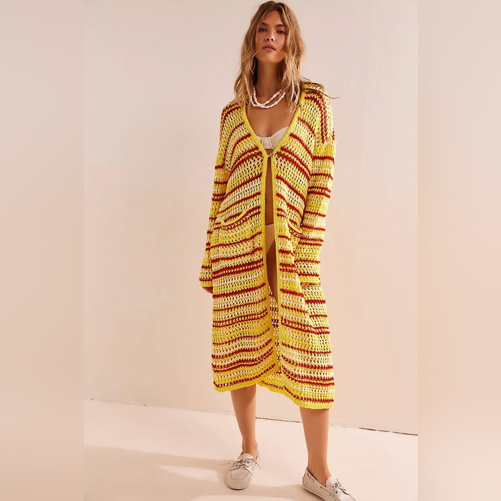 Free People Yellow and Red Striped Cardigan